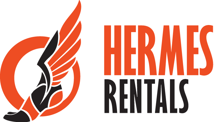 Hermes Rentals logo with winged shoe design.